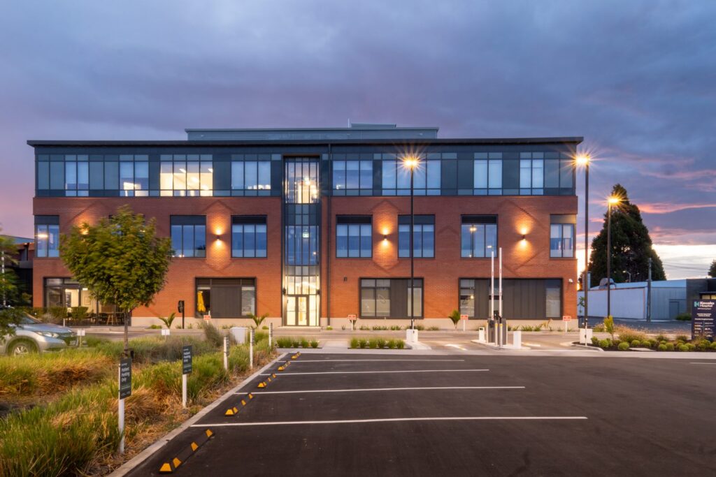 Kaweka Specialist Centre and Ward - front elevation at dusk